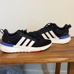 Adidas Kids Black and White Sneakers with Blue Accents